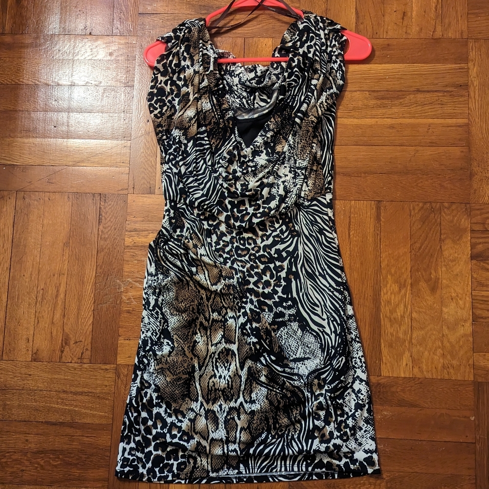 Laundry side ruched animal print dress with cowl neck & back, size 2, preloved